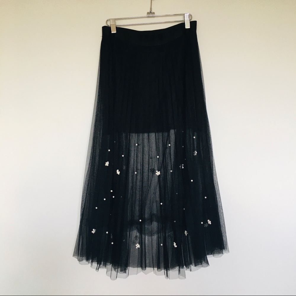 Anthropologie Eva Franco Black Tulle Pearl Skirt M